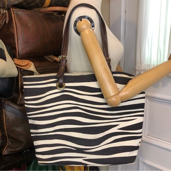 MICHAEL KORS Black Ivory Zebra Striped Shoulder Bag with Brown Leather Handles - Picture 14 of 17